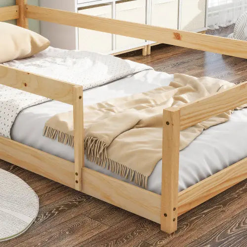 Twin Size Wood Bed With House-shaped Headboard Floor Bed With Fences,Natural My Store