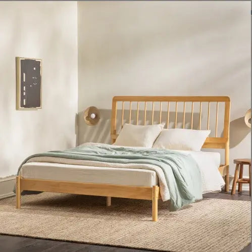 Mid-Century Modern Solid Wood Queen Spindle Bed Natural Pine My Store