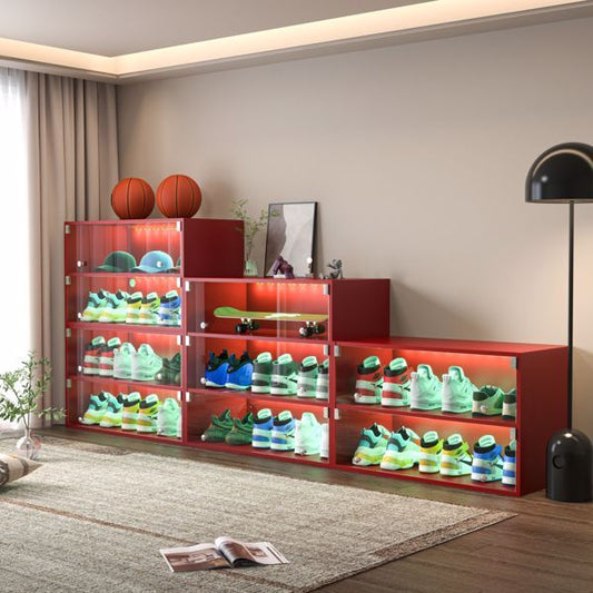 Red Glass Door Shoe Storage Cabinet LED Light - Single Inkedjoy