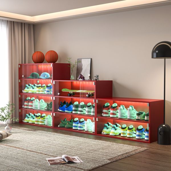 Red Glass Door Shoe Storage Cabinet LED Light - Single Inkedjoy