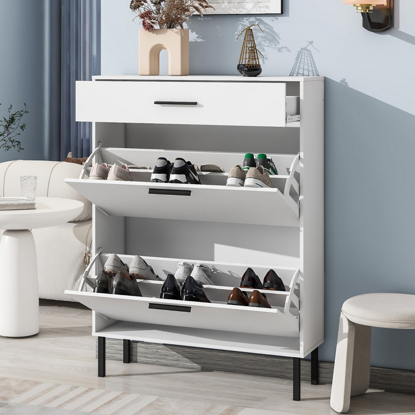 Modern Shoe Cabinet With Drawers & Metal Legs Inkedjoy