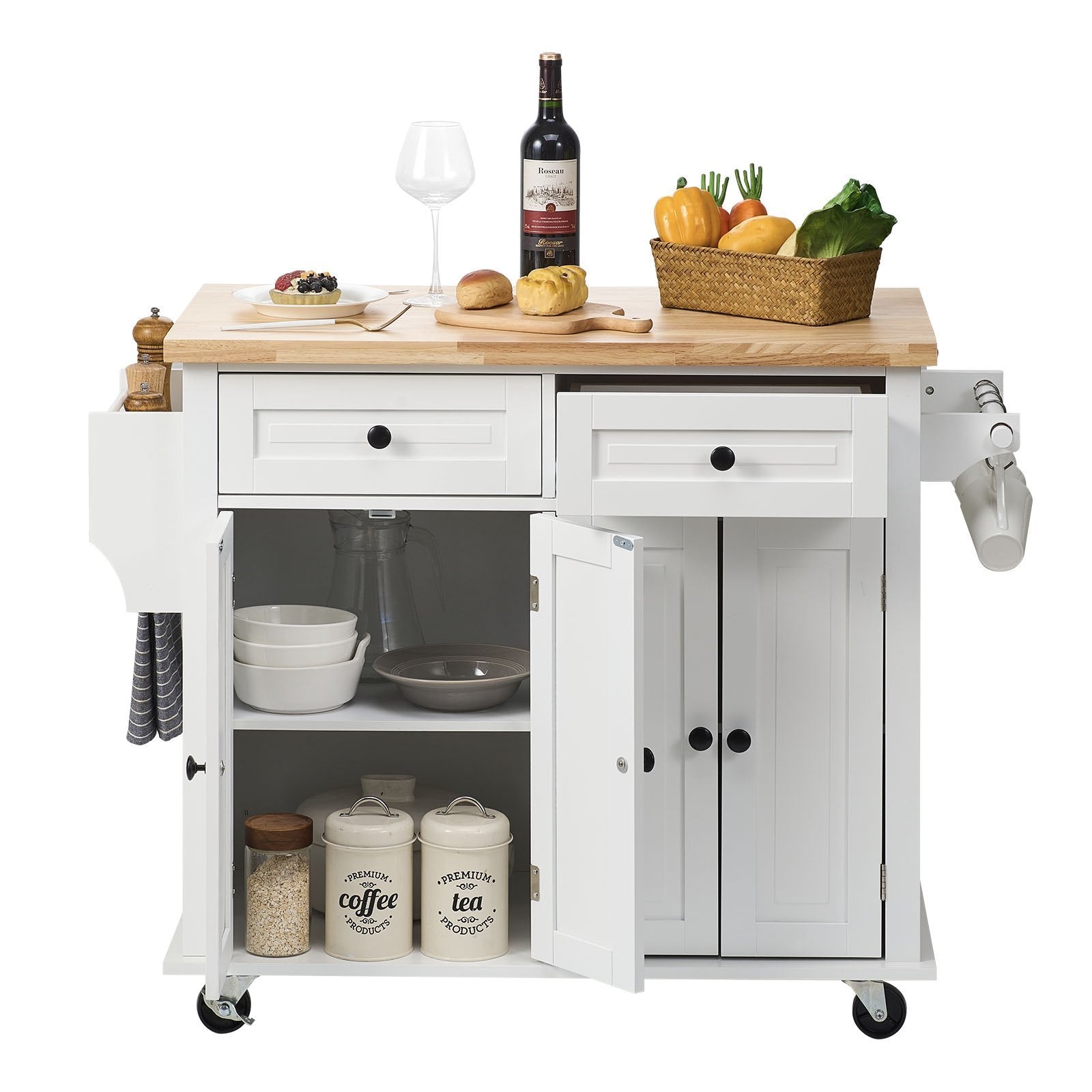 Kitchen Island Cart With Solid Wood On Wheels, White Inkedjoy