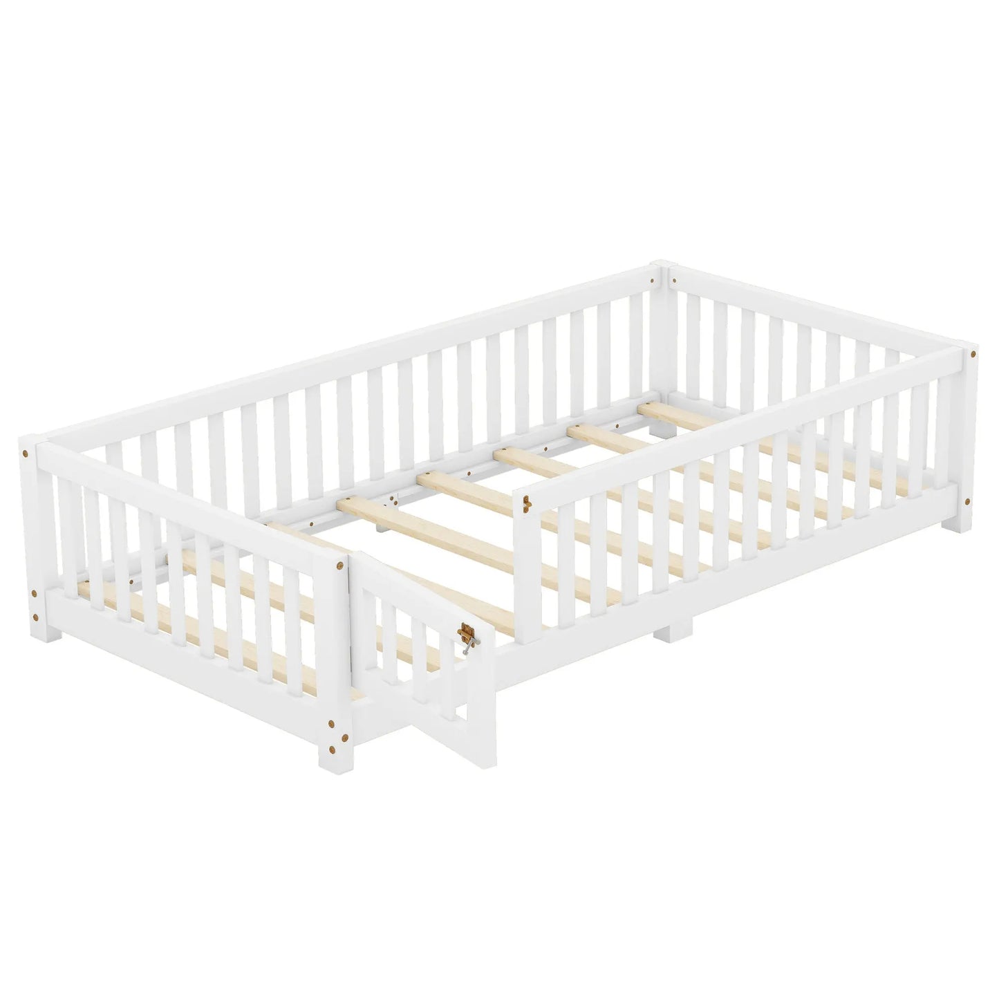 Twin Size Bed Floor Bed With Safety Guardrails And Door For Kids, White My Store