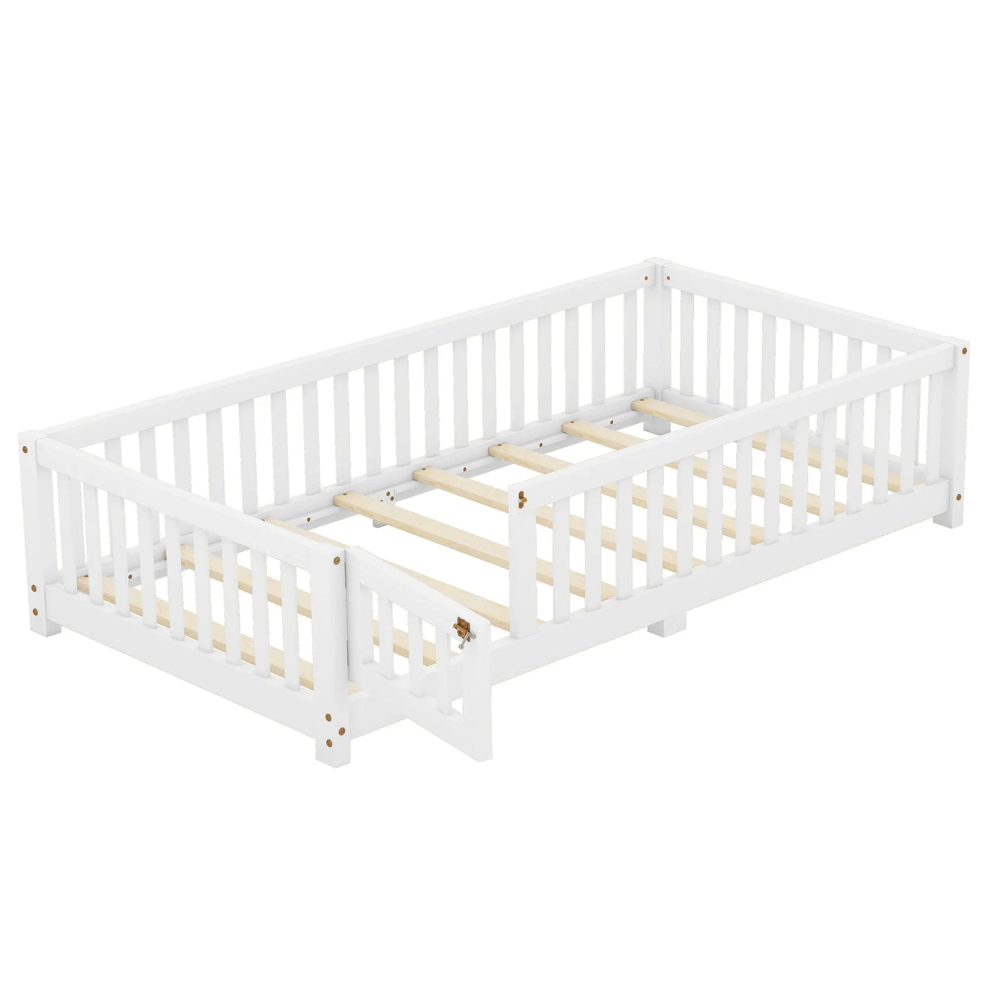 Twin Size Bed Floor Bed With Safety Guardrails And Door For Kids, White My Store