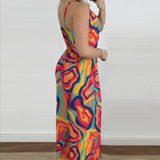 Ladies' Printed V-neck Fashionable Casual Jumpsuit Inkedjoy