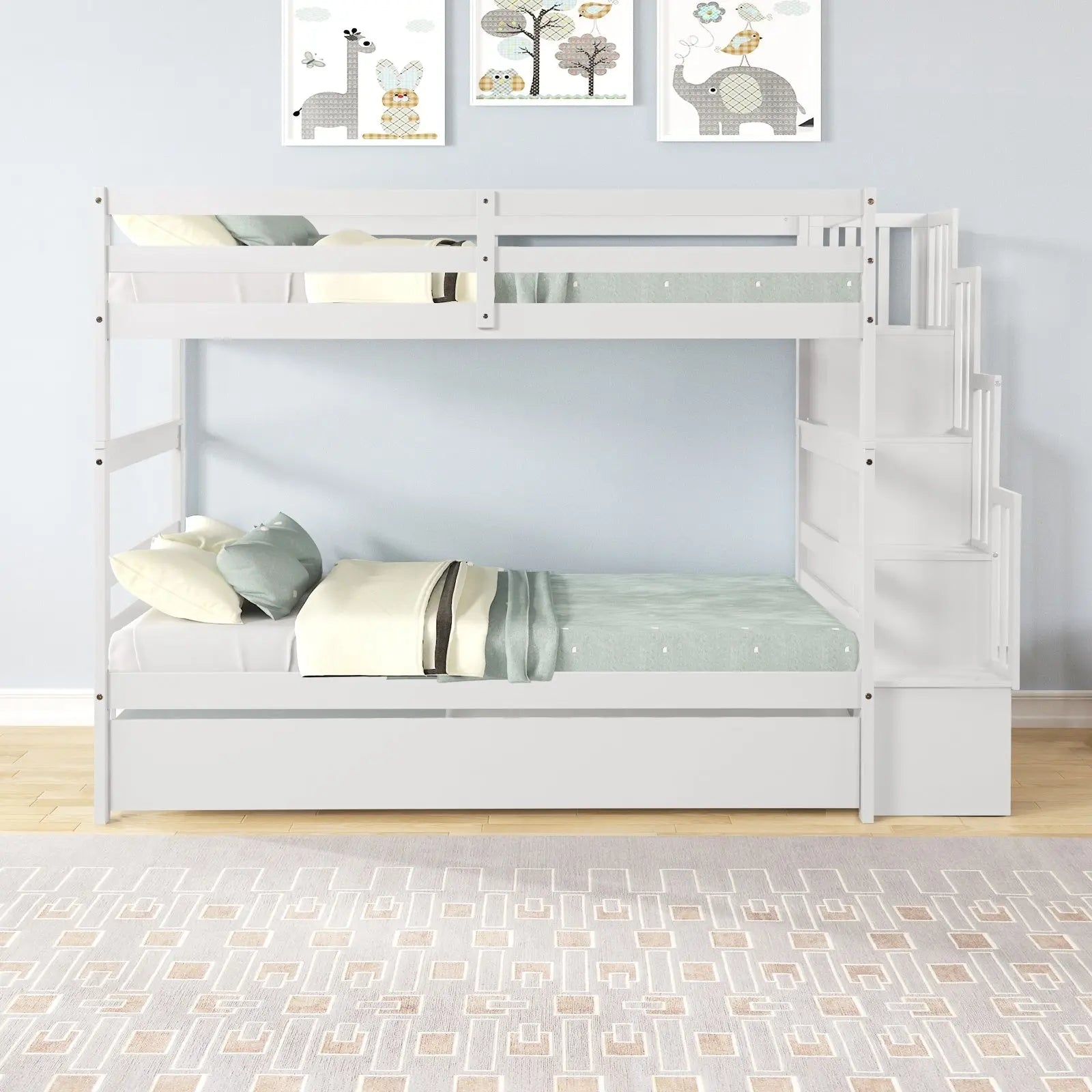 Twin Bunk Beds With Trundle & Stairway Storage In White Siesta