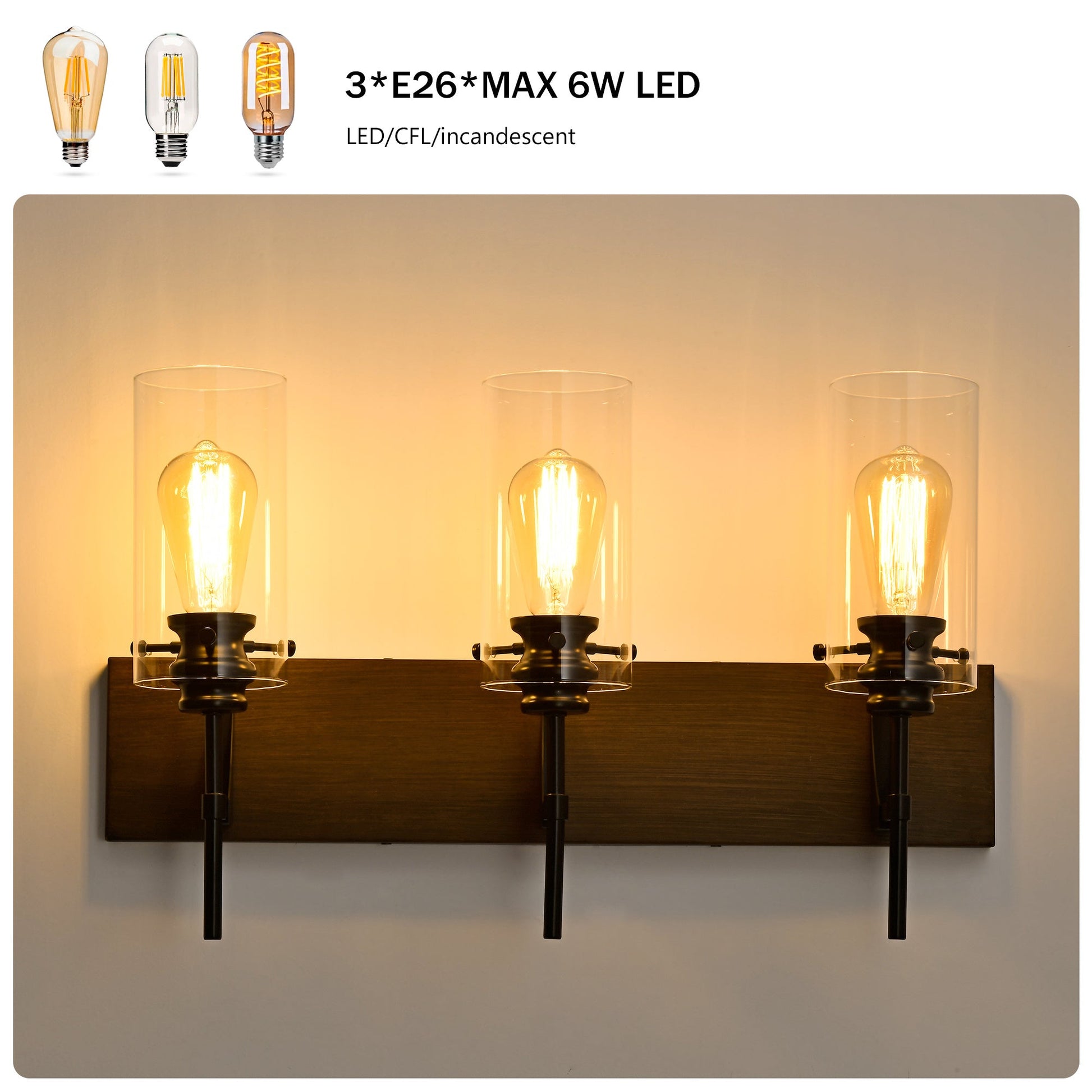 3-Light Matte Black Wood Color Bathroom Light Fixture Inkedjoy