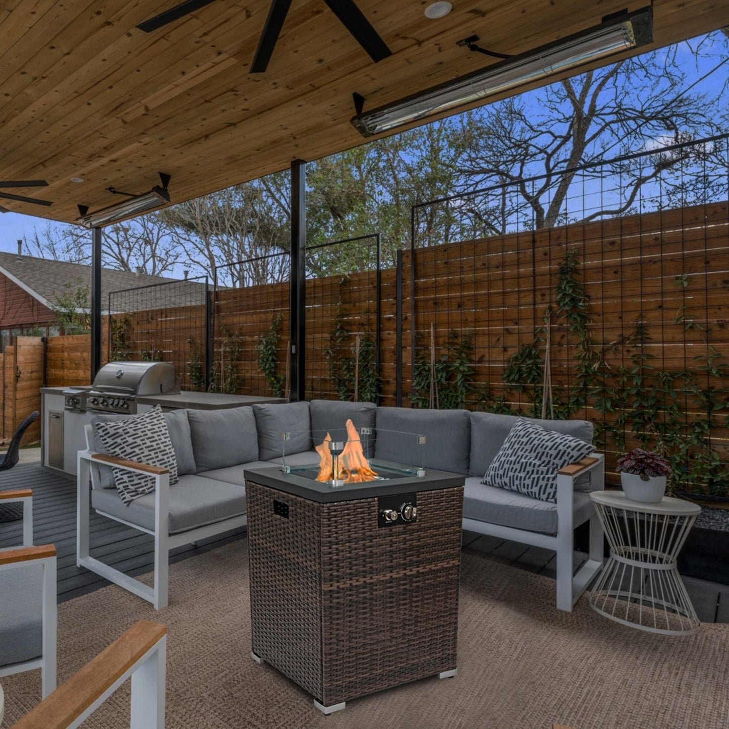 Wicker Fire Pit Column With Glass Wind Guard Inkedjoy