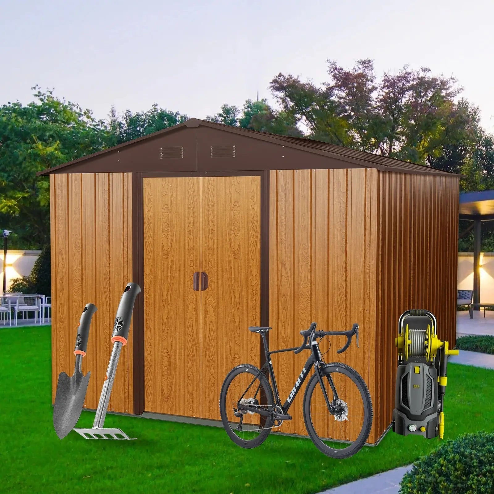 10ft X 8ft Outdoor Metal Storage Shed With Metal Floor Base,Coffee My Store