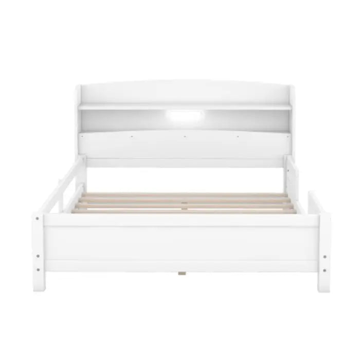 Wood Full Size Platform Bed With Built-in LED Light, Storage Headboard And Guardrail, White My Store