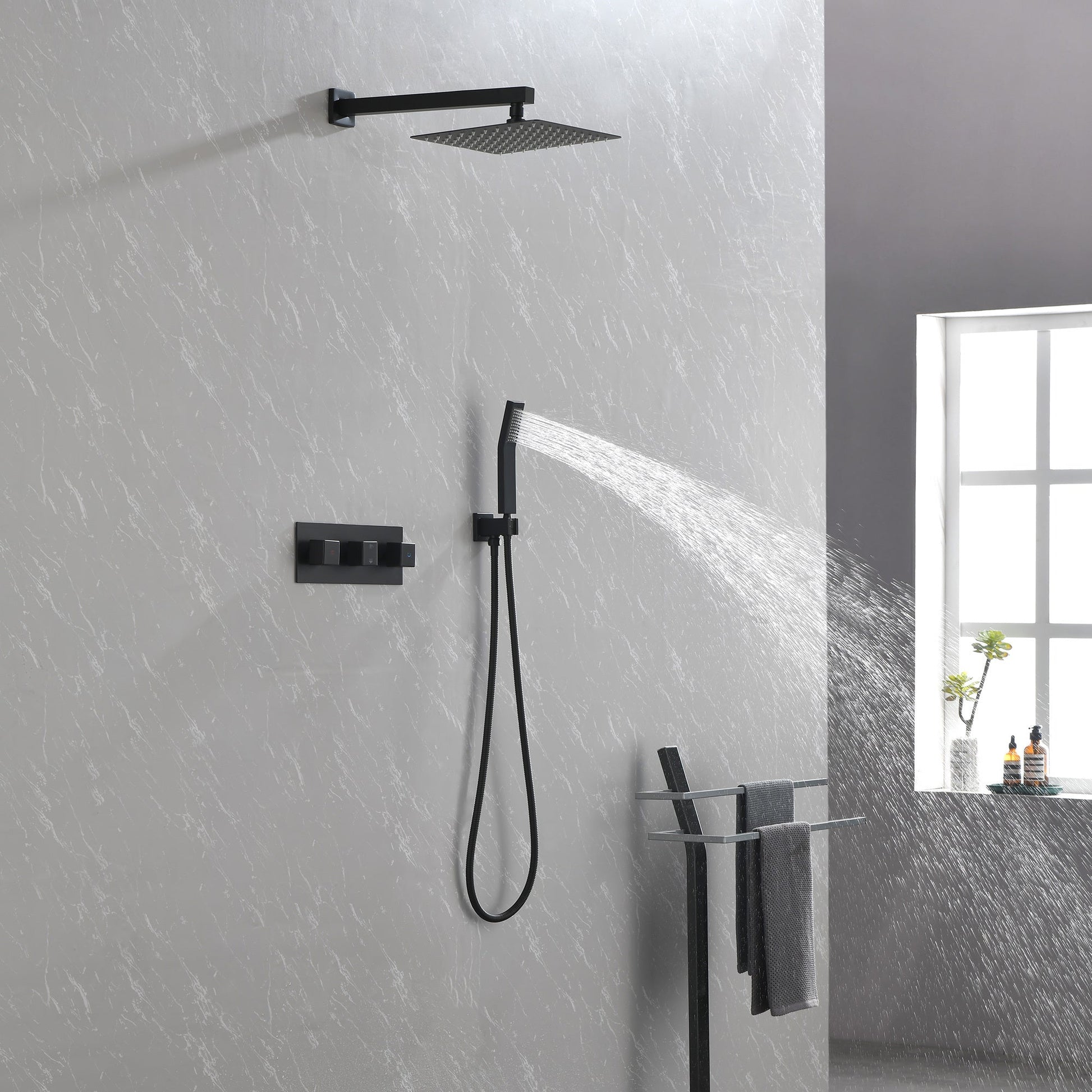 Brass Matte Black Shower Faucet With 10 Inch Shower Head And Handheld Spray Inkedjoy