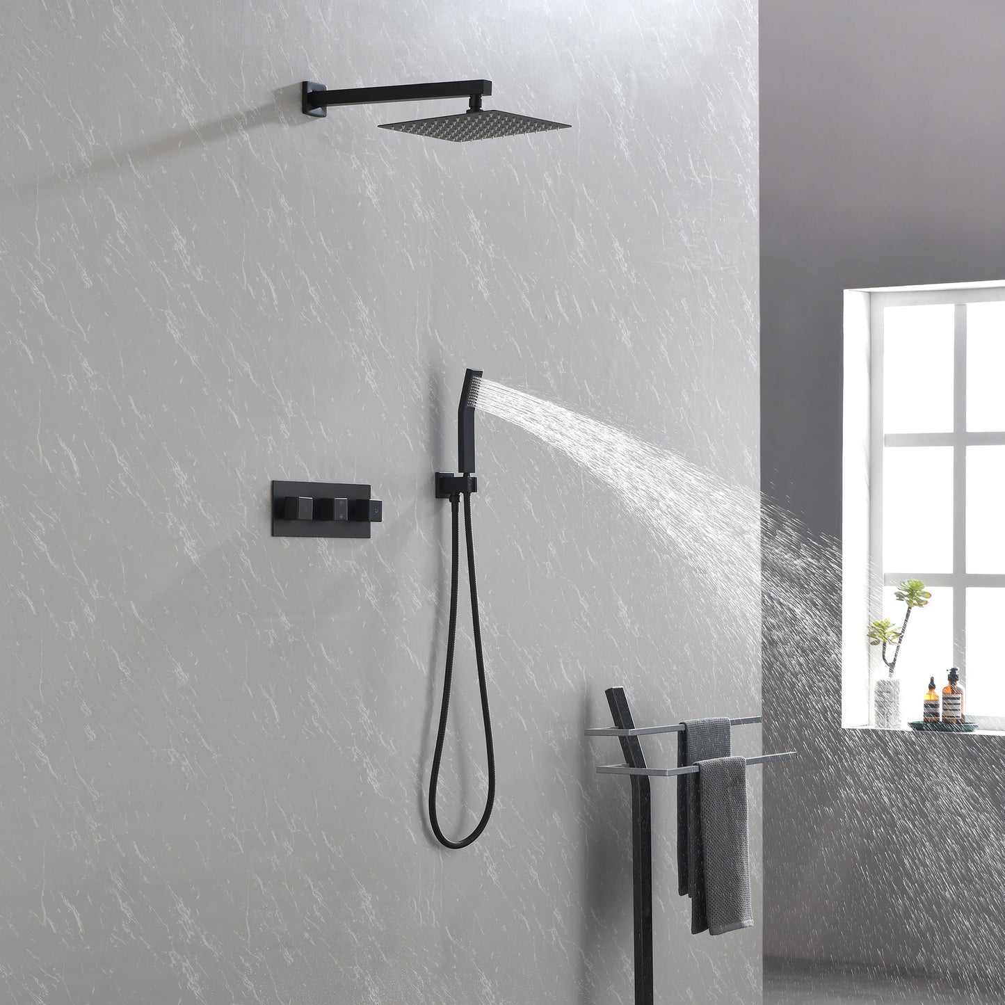 Brass Matte Black Shower Faucet With 10 Inch Shower Head And Handheld Spray Inkedjoy