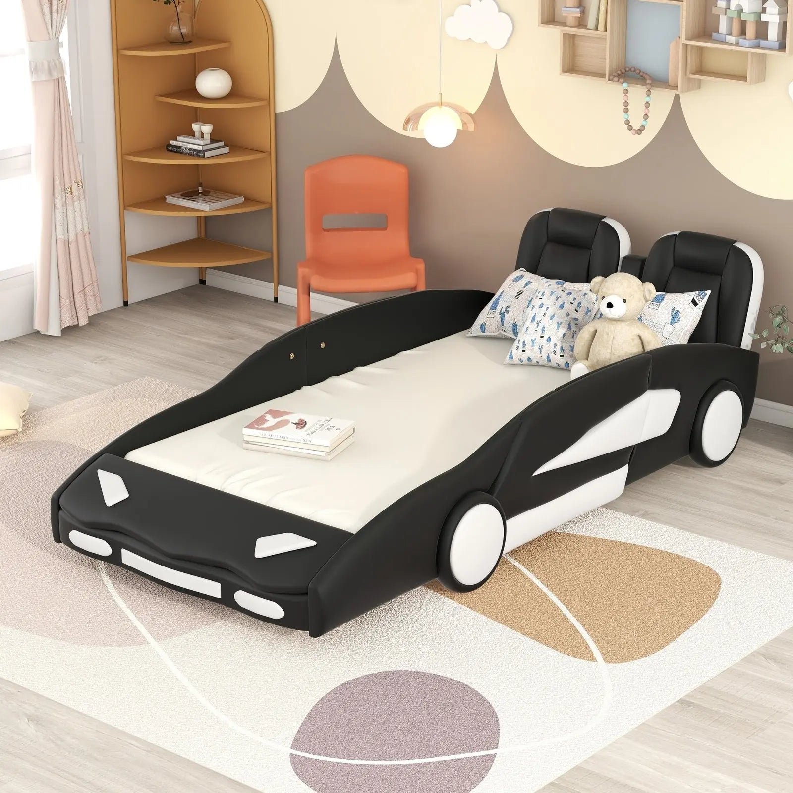 Twin Size Race Car-Shaped Platform Bed With Wheels, Black My Store