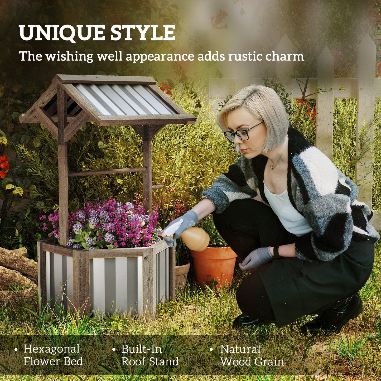 Wooden Wishing Well Planter, Raised Garden Bed With Galvanized Canopy, Hexagon- Light Gray Inkedjoy