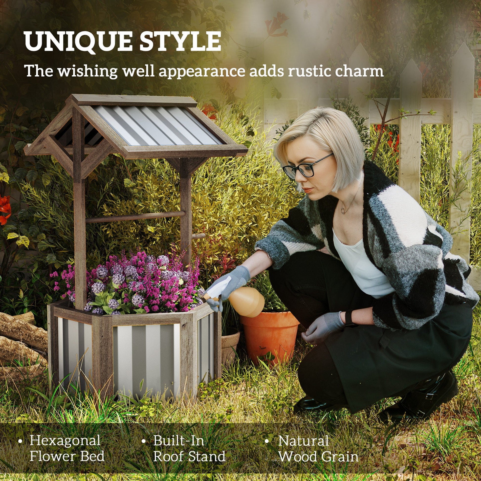 Wooden Wishing Well Planter, Raised Garden Bed With Galvanized Canopy, Hexagon- Light Gray Inkedjoy