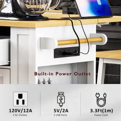 Large Kitchen Island With 2 Bar Stools, Power Outlet, Door Internal Storage Rack My Store