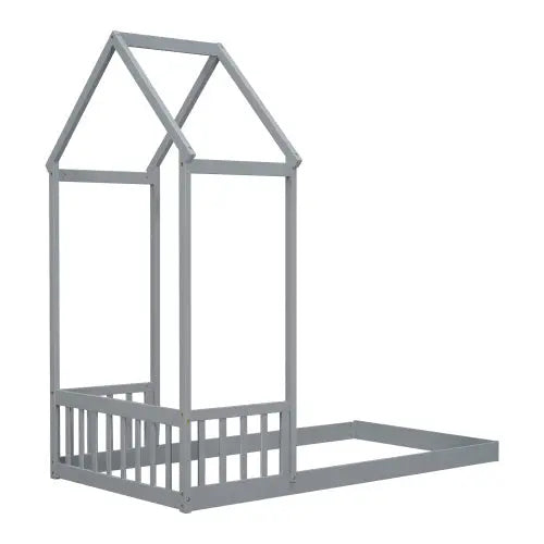Twin House-shaped Roof Headboard Floor Bed,,without Slats,Grey My Store