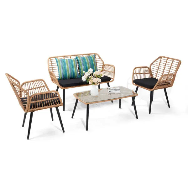 Yellow Round Rattan, Black Seat Cushion, Braided Rattan Four-piece Set My Store