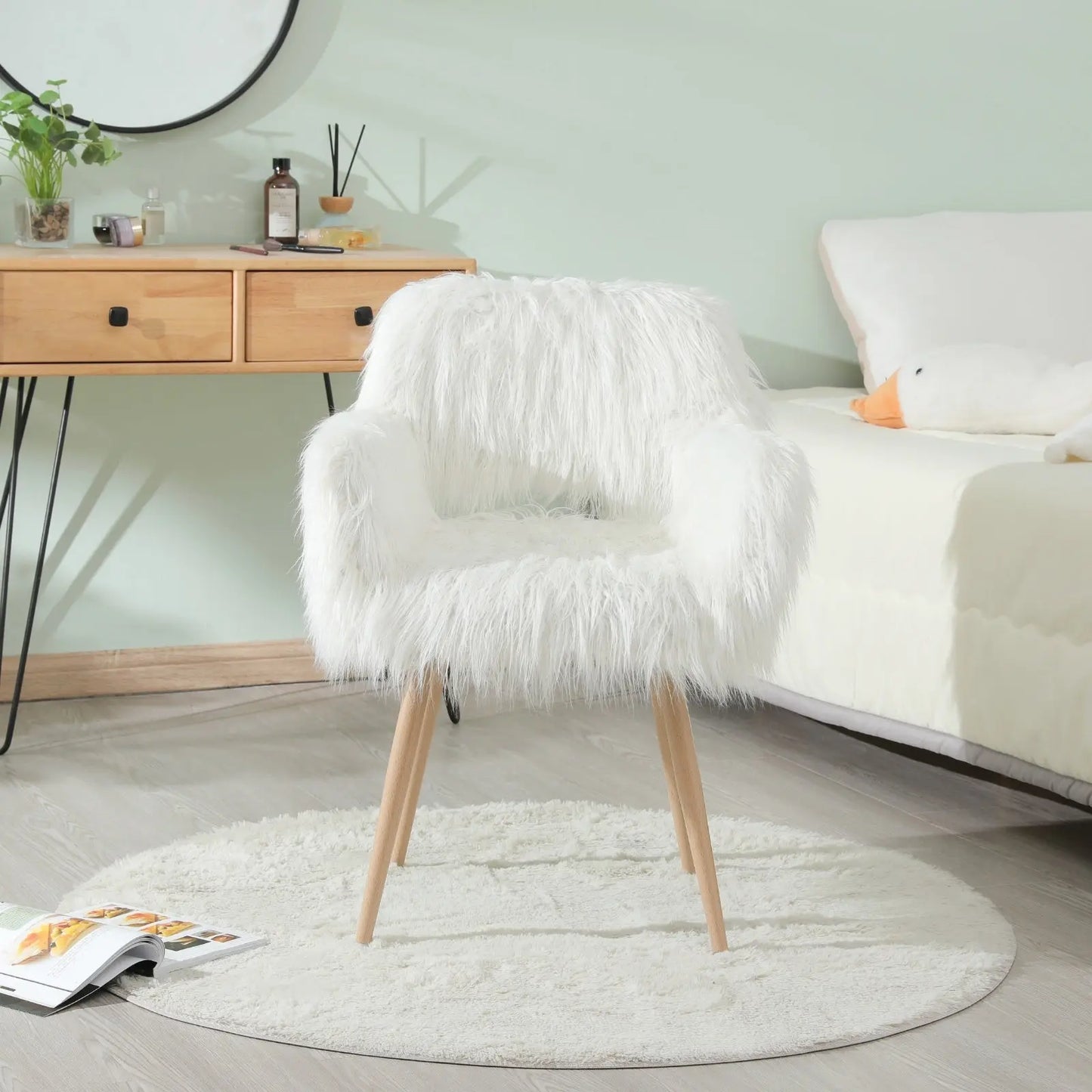 WHITE Faux Fur Upholstered Make Up Chair Side Dining Chair With Metal Leg WHITE Beech Metal Leg My Store