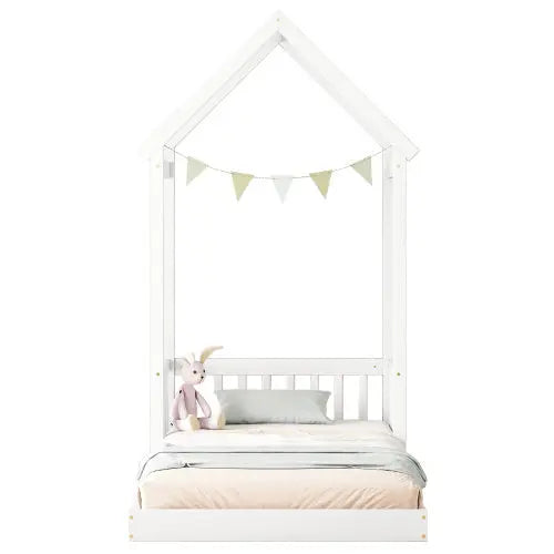 Twin House-shaped Roof Headboard Floor Bed,,without Slats,White My Store
