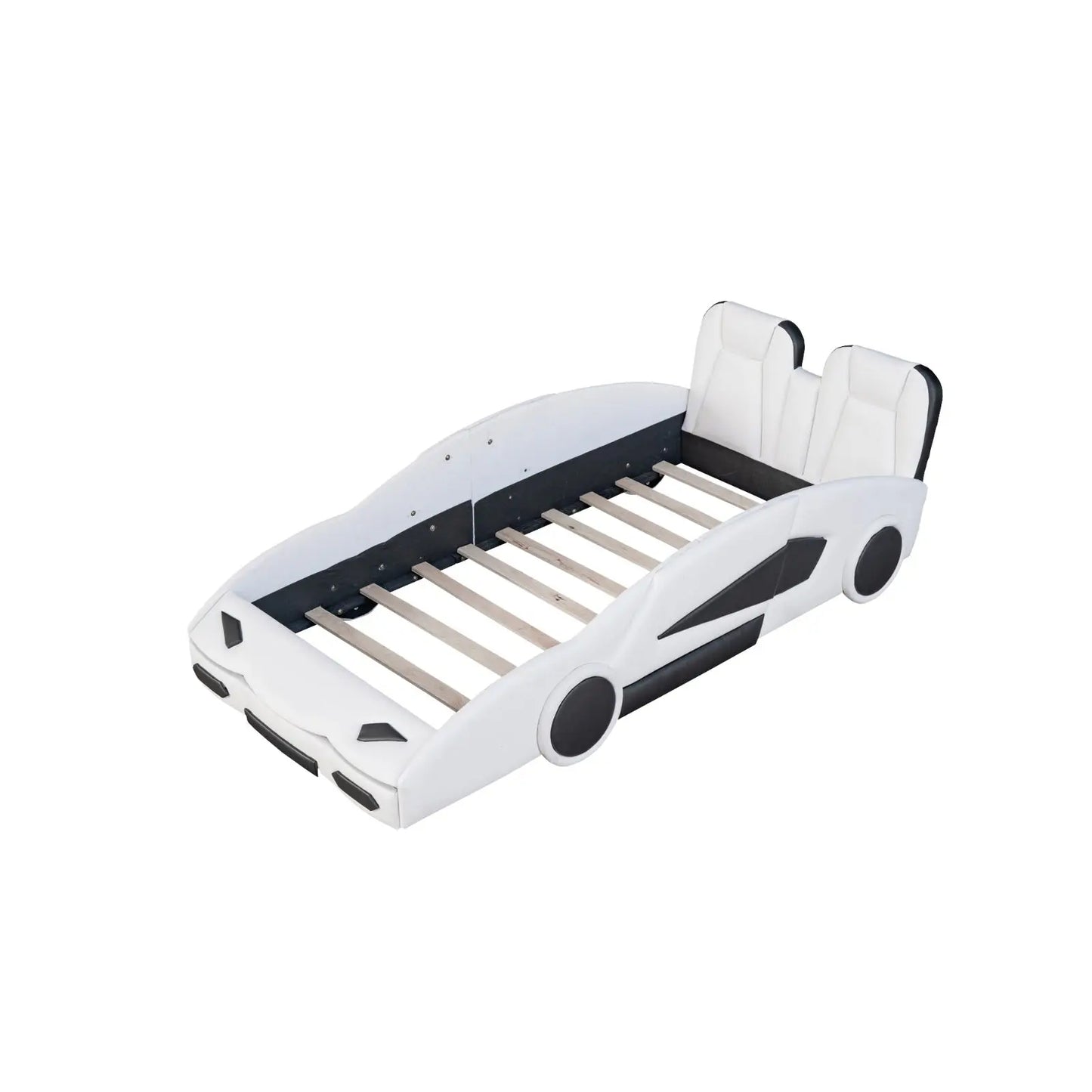 Twin Size Race Car-Shaped Platform Bed With Wheels, White My Store