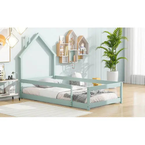 Twin Size Wood Bed With House-shaped Headboard Floor Bed With Fences,Light Green My Store