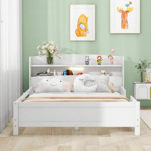 Wood Full Size Platform Bed With Built-in LED Light, Storage Headboard And Guardrail, White My Store