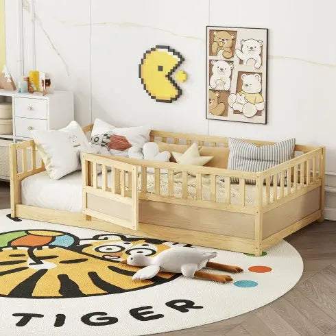Twin Size Floor Bed, Integral Construction With Super High Security Barrier, Door, Children's Floor Bed Frame, Montessori Wooden Children's Floor Bed, Support Slat White My Store