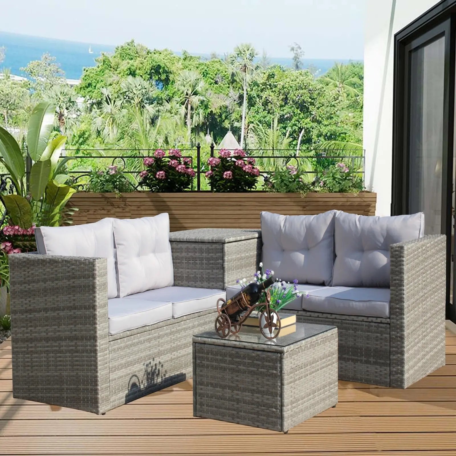 4Pc Patio Sectional Wicker Rattan Sofa Set W  Storage Box Grey My Store