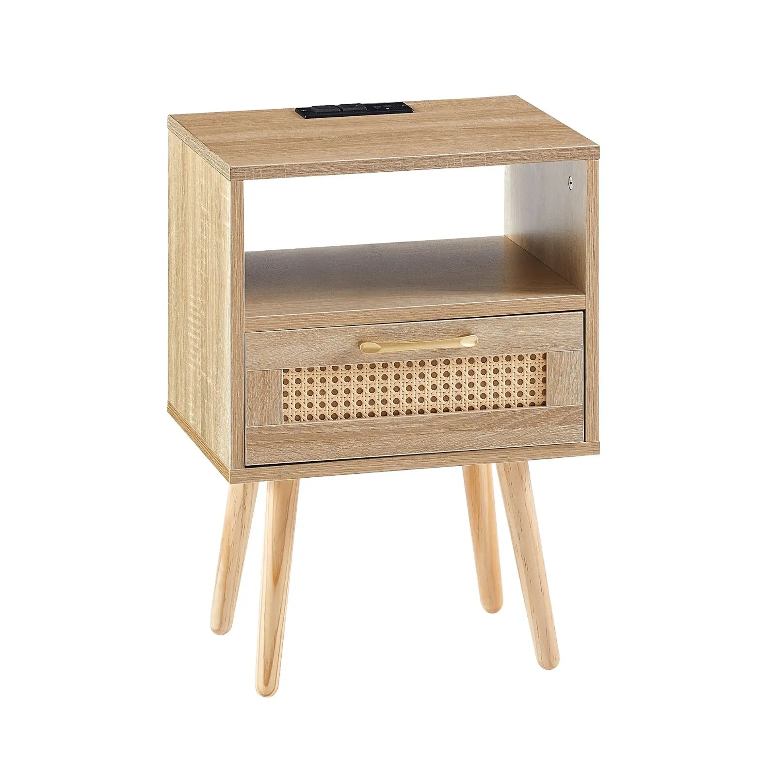 15.75  Rattan End Table With Power Outlet, USB Ports, Drawer   Solid Wood My Store