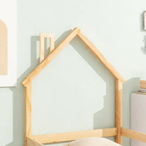 Twin Size Wood Bed With House-shaped Headboard Floor Bed With Fences,Natural My Store