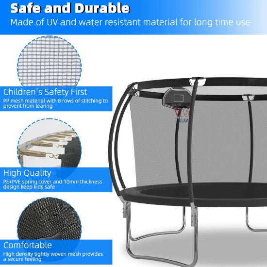 12 FT TRAMPOLINE BLACK PUMPKIN-STYLE SAFETY NET WITH BASKETBALL HOOP My Store