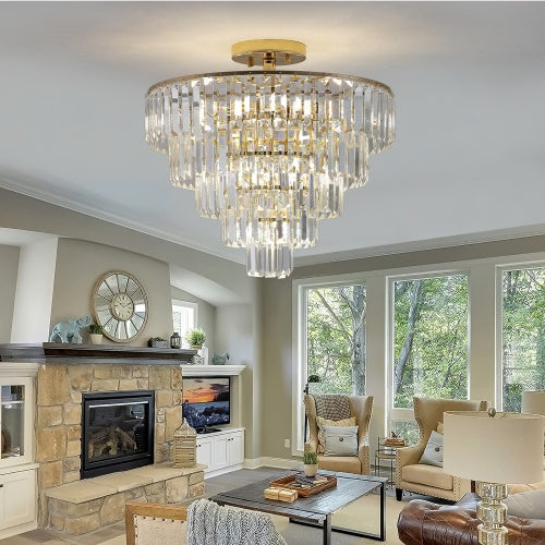 Golden Crystal Chandelier, 5-layer Round Semi-recessed Chandelier Lamp Inkedjoy