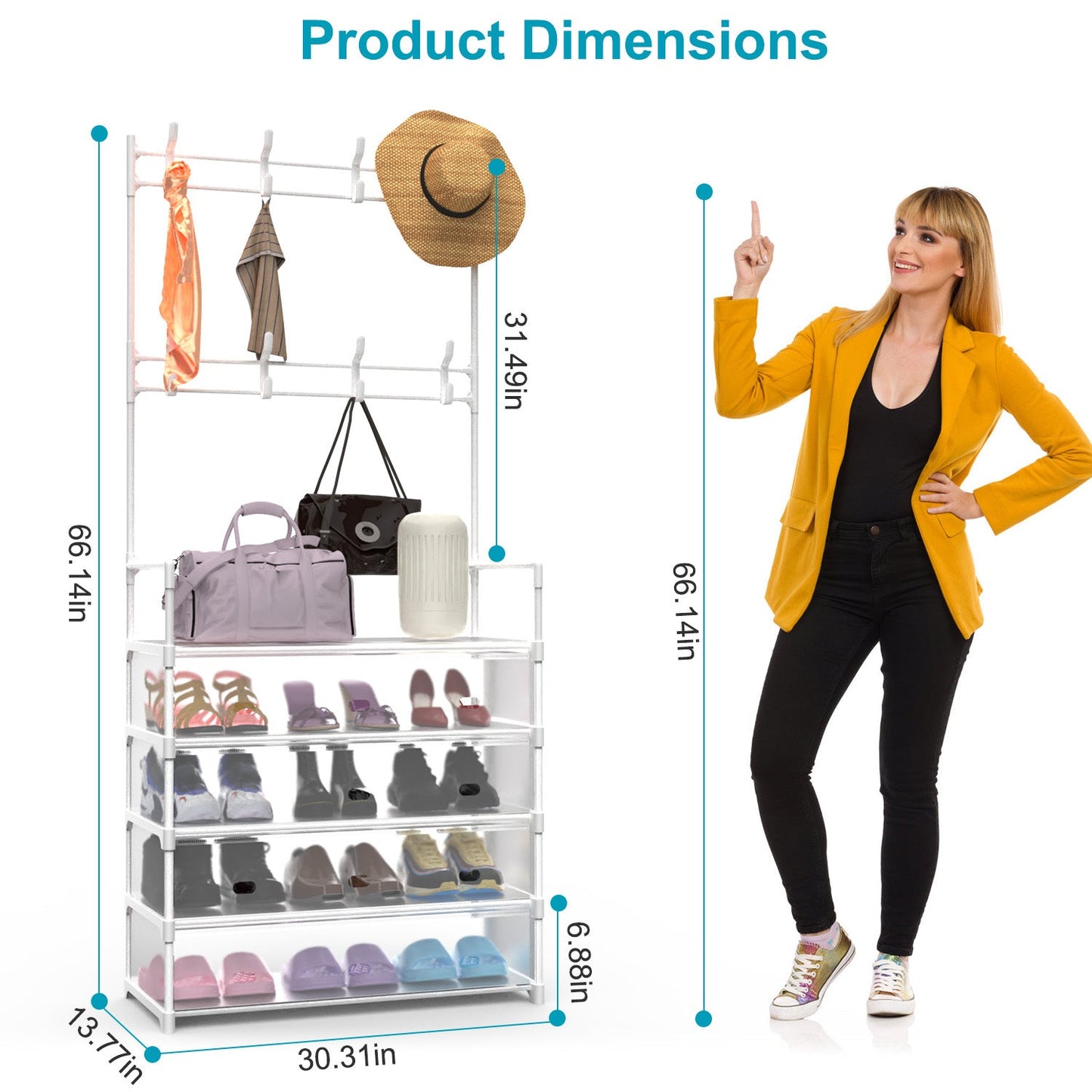 5 Tier Shoe Rack With Coat Rack - White Inkedjoy