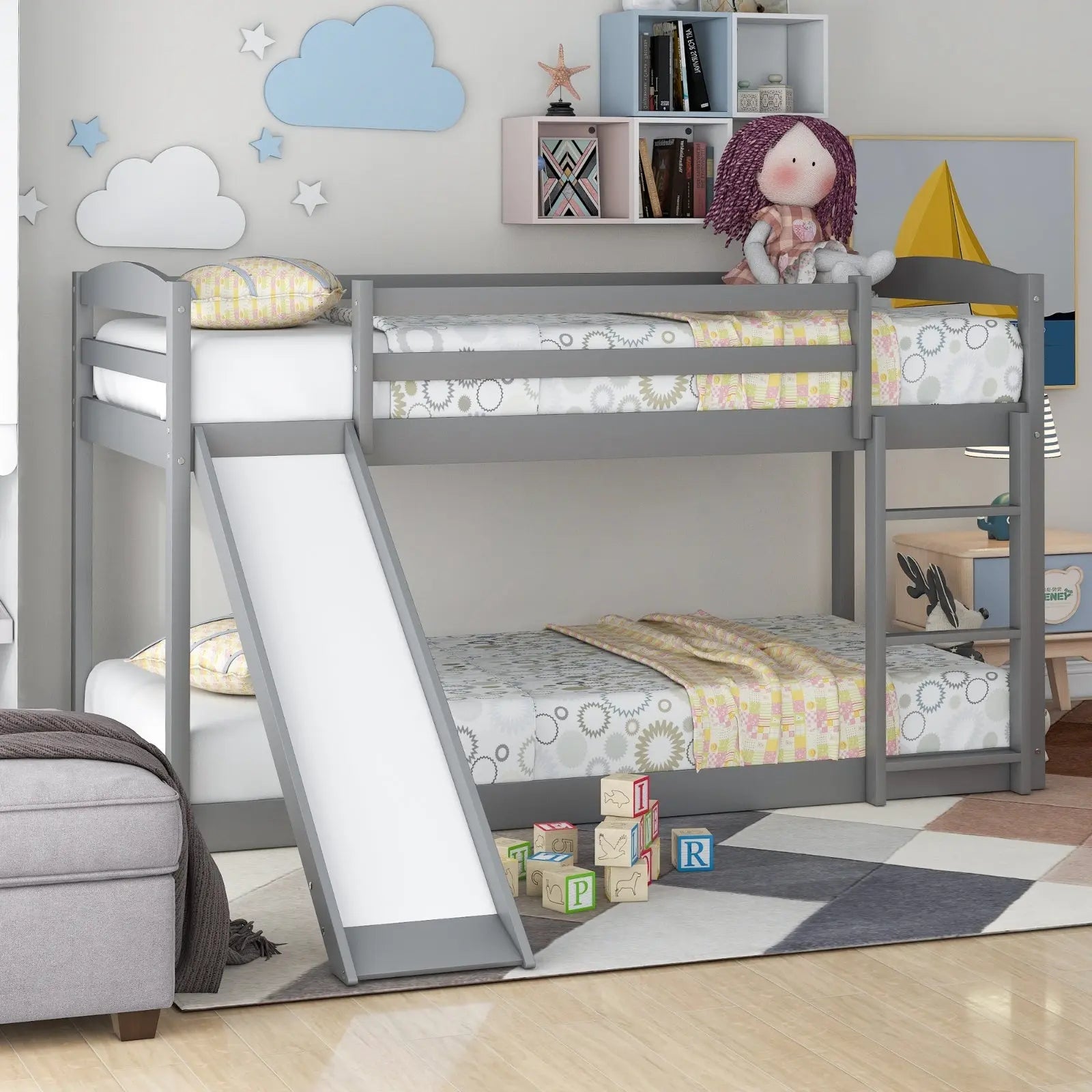 Gray Twin Twin Bunk Bed Convertible Slide Ladder My Store