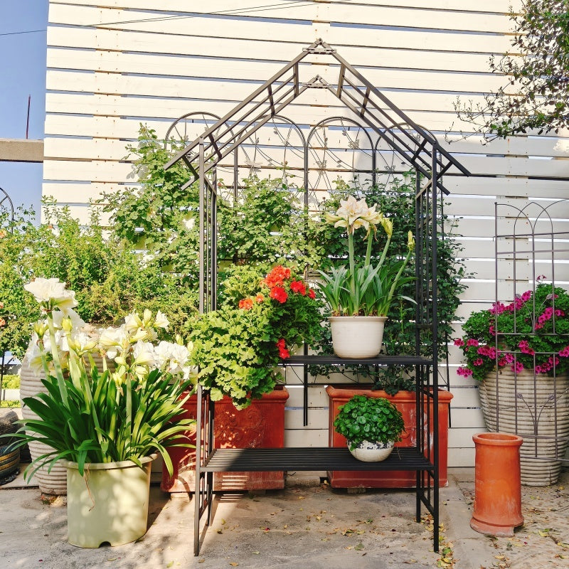 Metal Garden Arch, With Benches- Black Inkedjoy