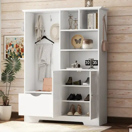 Multi-functional Hall Tree With Storage Shelves Drawers And Cabinet, Elegant Hallway Shoe Cabinet With Bench, Modern Coat Rack With Hooks For Hallway Entryways My Store