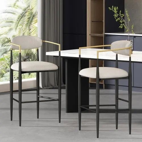 Barstools Set Of 2, Counter Height Upholstered Bar Stools With Back For Kitchen Island, Beige Faux PU Leather Seating Black Iron Legs 260LBS Weight Capacity My Store