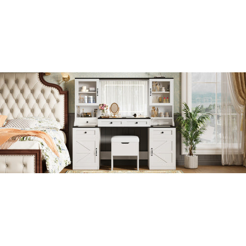 Farmhouse Vanity Desk With Mirror And LED Lights With 5 Drawers And 4 Cabinets And Cushion Stool Inkedjoy