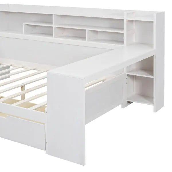 Wooden Full-size Sofa Bed With Storage Rack, Multifunctional Bed With Two Storage Drawers And Desk, Antique White My Store