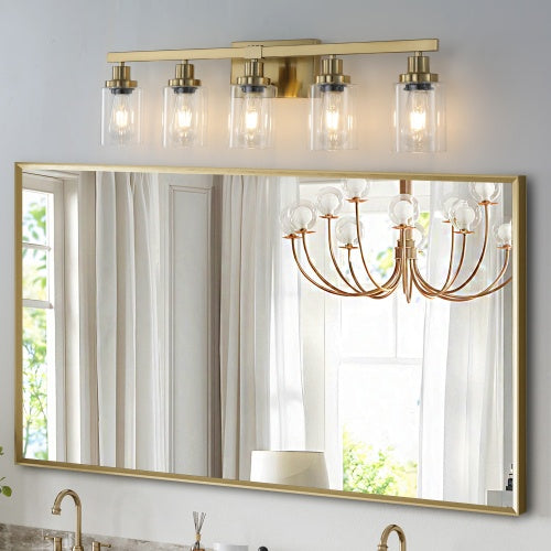 Gold 5 Light Vanity Light With Clear Glass Shade, Modern Iron Bathroom Wall Fixture My Store