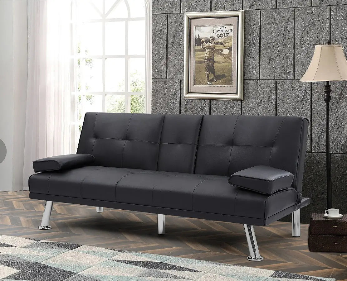 2-seat Sofa With Cup Holder, Folding Sofa Bed- Black My Store