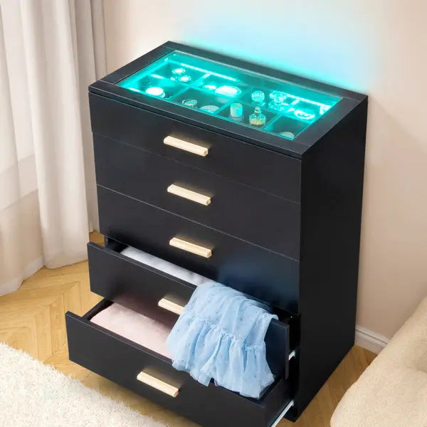 5-drawer Cabinet With Light Tempered Glass Cabinet And Bedside Table My Store