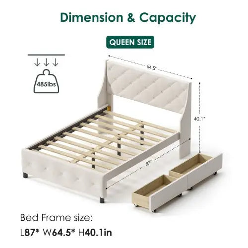 Queen Size Bed Frame With Storage Headboard, Metal Platform Bed My Store