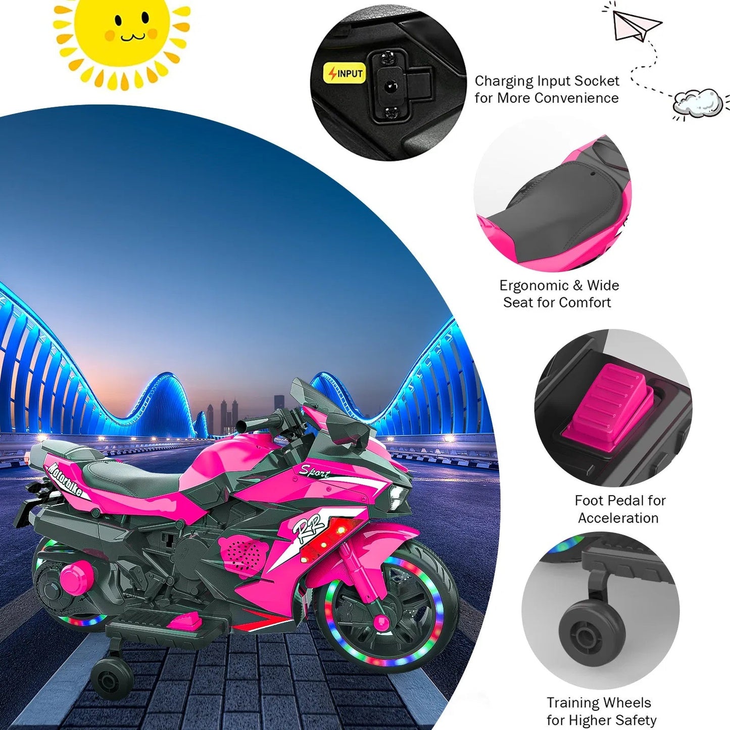 Kids Motorcycle For 3-6 Years, 12V Electric Ride On Inkedjoy