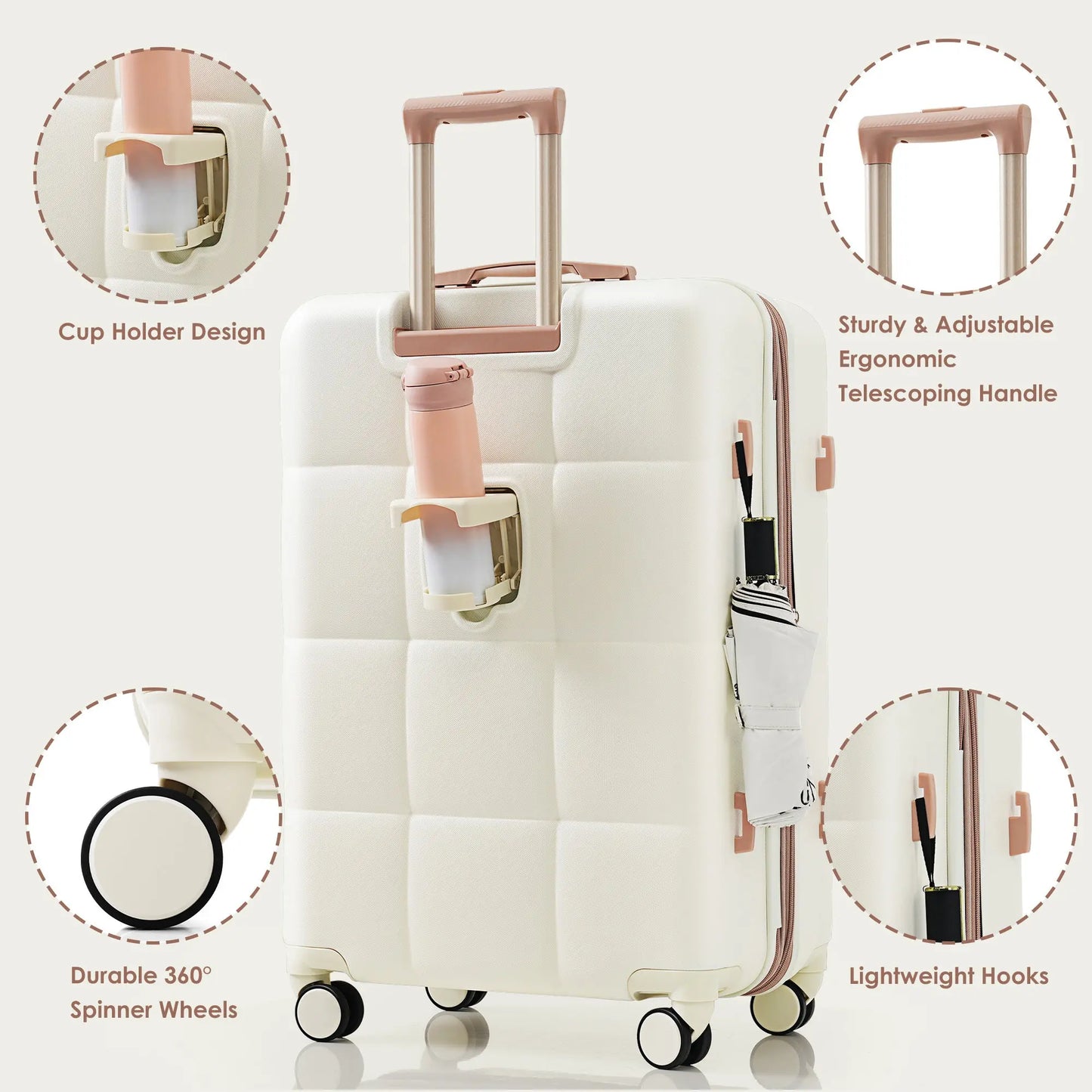 4-piece Suitcase Set With USB Port, Beige Inkedjoy