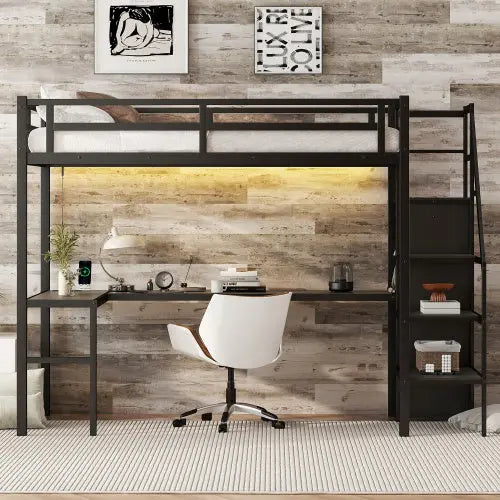 Twin XL Size Loft Bed With L-shaped Desk And USB, Metal -Black My Store