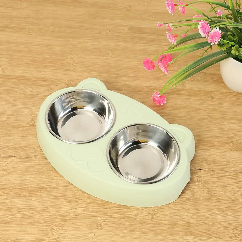 Dog Double Bowl Puppy Food Water Feeder Cute Stainless Steel Pets Drinking Dish Feeder Pets Supplies Feeding Dishes Dogs Bowl Ohberri