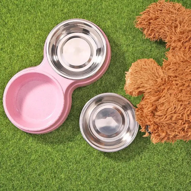 Dog Double Bowl Puppy Food Water Feeder Cute Stainless Steel Pets Drinking Dish Feeder Pets Supplies Feeding Dishes Dogs Bowl Ohberri