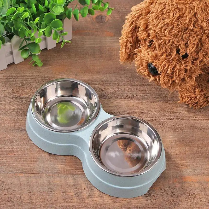 Dog Double Bowl Puppy Food Water Feeder Cute Stainless Steel Pets Drinking Dish Feeder Pets Supplies Feeding Dishes Dogs Bowl Ohberri